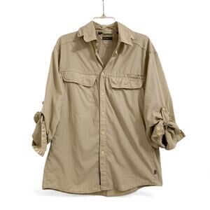REI Sahara UPF 50 Outdoor Hiking button down shirt roll tab sleeves khaki Men M